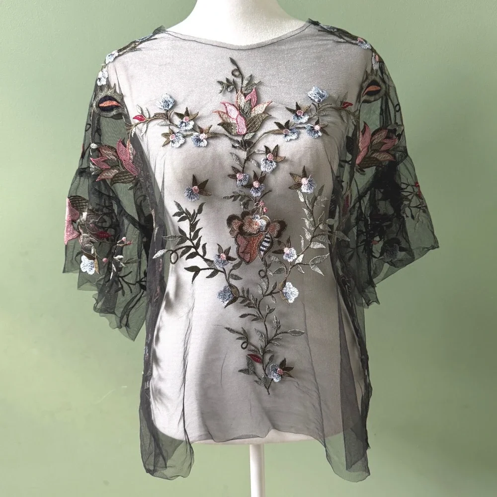 Floral Embroidered Sheer Mesh Top Short Sleeve Forest Fairy Whimsigoth Large